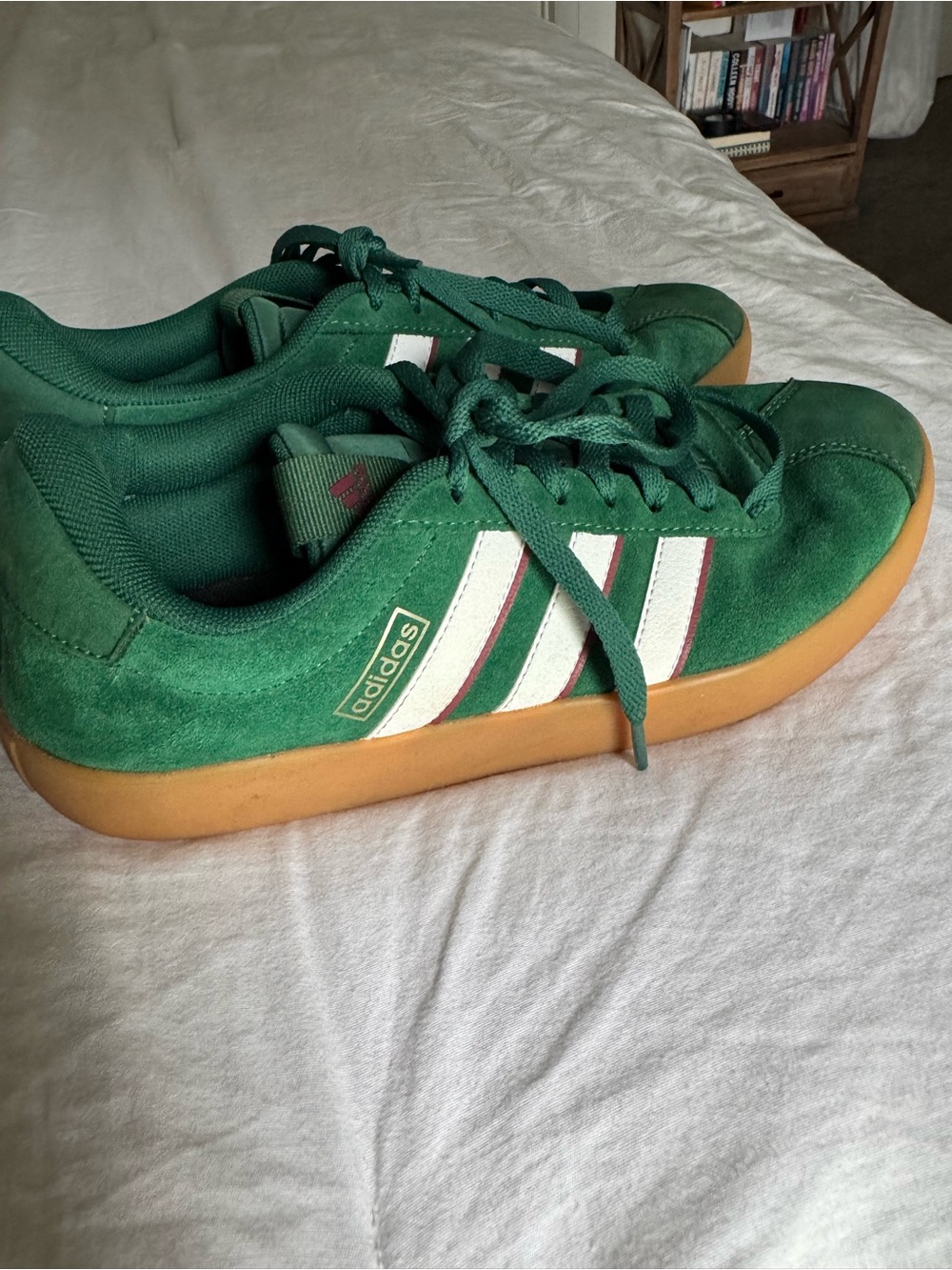 adidas Green Suede Sneakers with White Stripes and Gum Sole